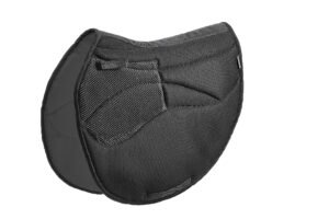 Schwarze Quittpad Spring-Satteldecke mit integriertem stoßdämpfenden Pad, freigestellt von der Seite aufgenommen.