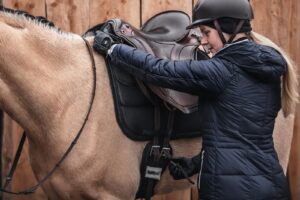 QUITTPAD® Dressur Schabracke unter Dressursattel beim Satteln des Pferdes
