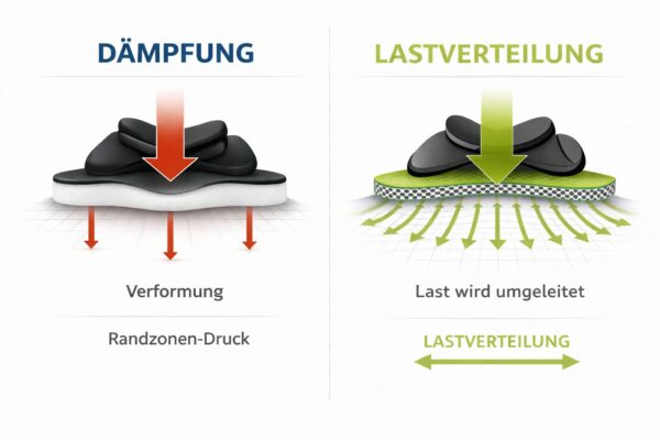 Vergleich von Dämpfung und Lastverteilung bei Sattelunterlagen – Verformung mit Randdruck gegenüber flächiger Kraftumleitung