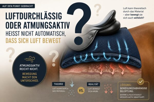 Grafik zur Belüftung unter dem Sattel mit 3D-Sattelunterlage, Luftströmung und Fragezeichen – warum atmungsaktiv nicht automatisch bedeutet, dass sich Luft bewegt